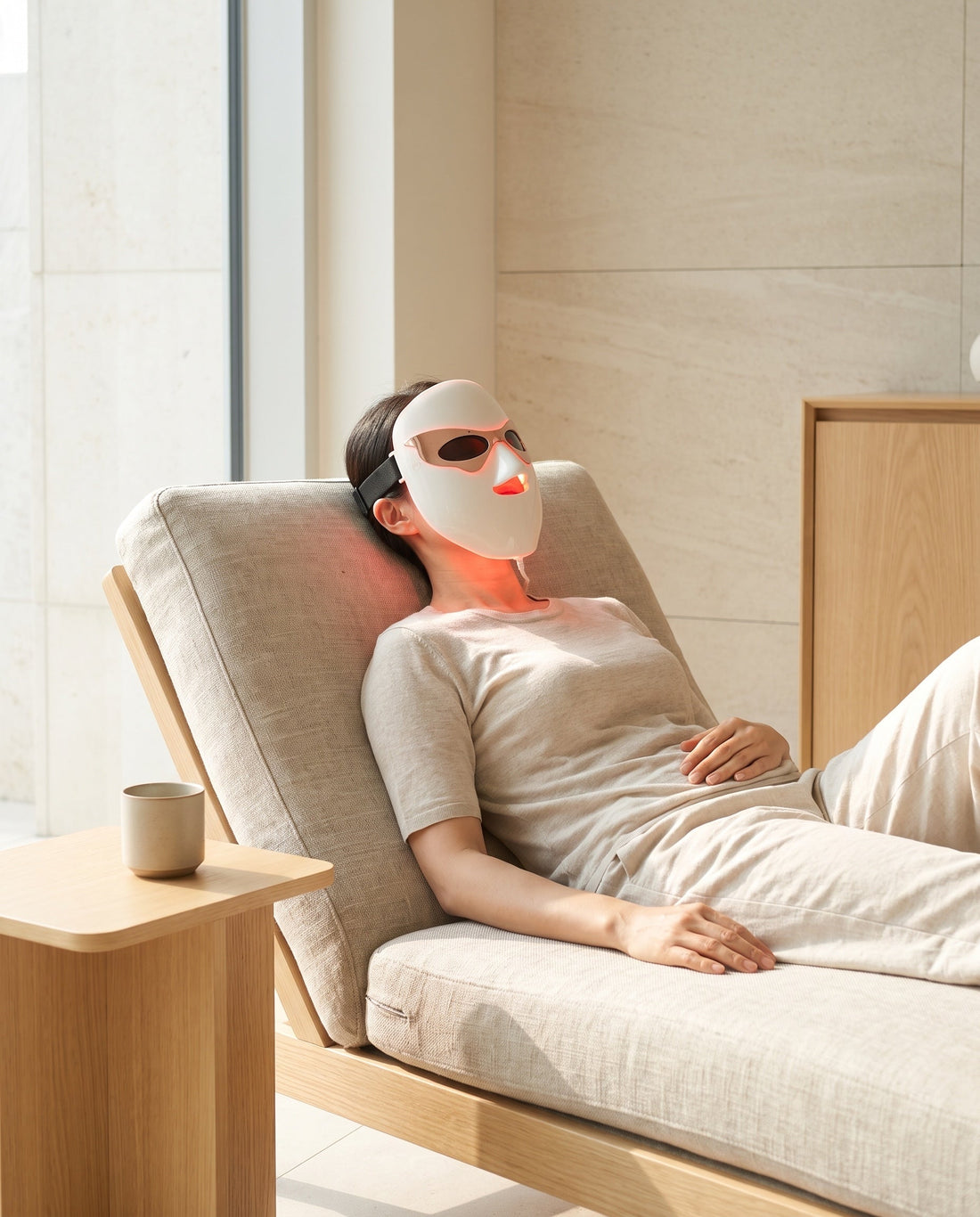 Séance de masque LED visage de 20 minutes, allongée dans la lumière du matin, le masque tient seul